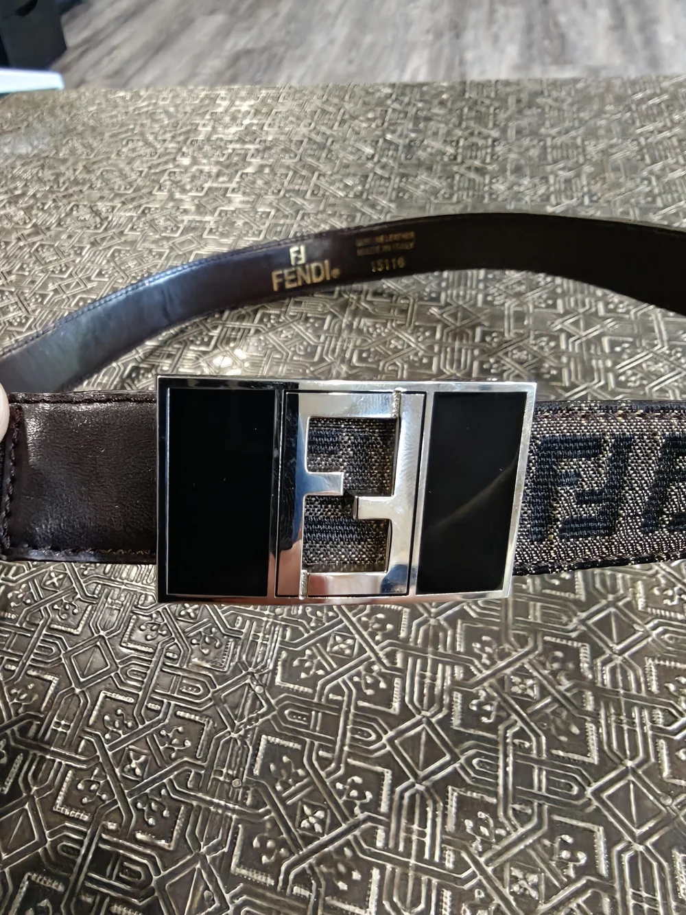 🐢 Fendi Silver and Black Logo Plate Belt Buckle Vintage